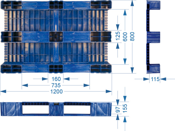 Паллет 1200x800х150 сплошной, на 3-х полозьях, арт. TR 1208-1 синий, код: 08695, арт. TR 1208-1 синий