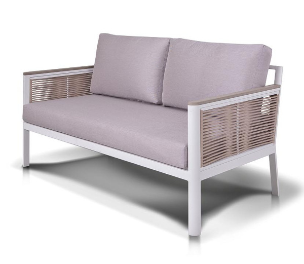 "Сан Ремо" диван 2-местный плетеный из роупа, каркас алюминий белый, роуп бежевый, ткань бежевая "Сан Ремо" диван 2-местный плетеный из роупа, каркас алюминий белый, роуп бежевый, ткань бежевая