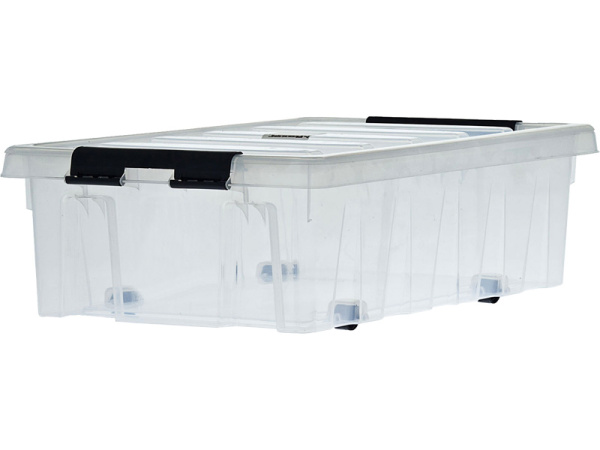 Ящик 580х390х180 мм с крышкой и клипсами, на роликах, прозрачный, арт. Rox Box 35 Ящик 580х390х180 мм с крышкой и клипсами, на роликах, прозрачный, арт. Rox Box 35