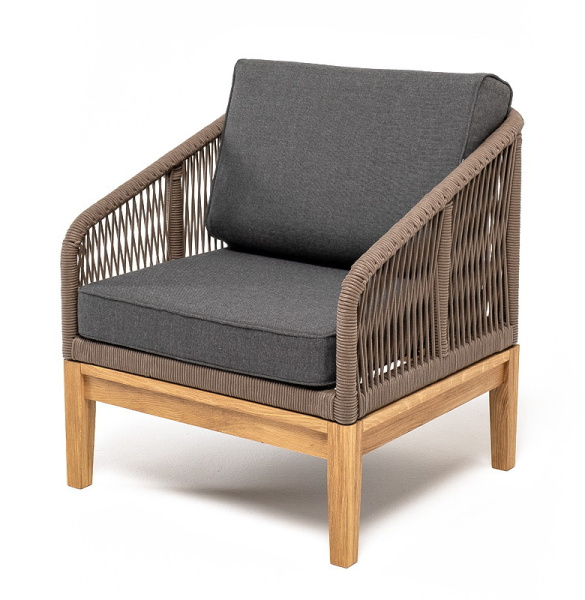 "Канны" кресло плетеное из роупа, основание дуб, роуп коричневый круглый, ткань темно-серая 027 от компании Европактрейд "Канны" кресло плетеное из роупа, основание дуб, роуп коричневый круглый, ткань темно-серая 027 от компании Европактрейд